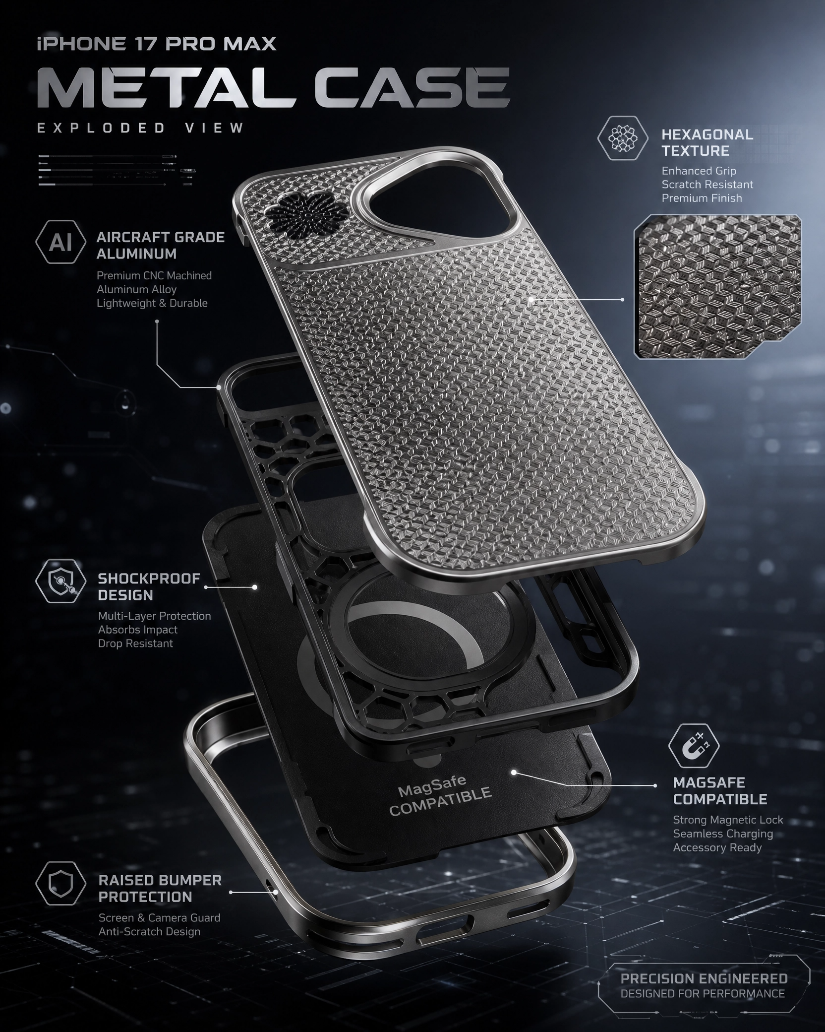 iPhone 17 Case Grey Metal Edition – Shockproof Metallic Protective Cover